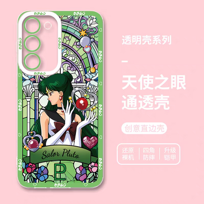 Japanese Cartoon Sailor Moon Phone Case Glass Window Style | Sailor Moon Venus Neptune Mars Pluto Saturn Jupiter Mercury - Phone Case Samsung Galaxy S26 S25 S24 S23 S22 S21 FE Ultra Edge