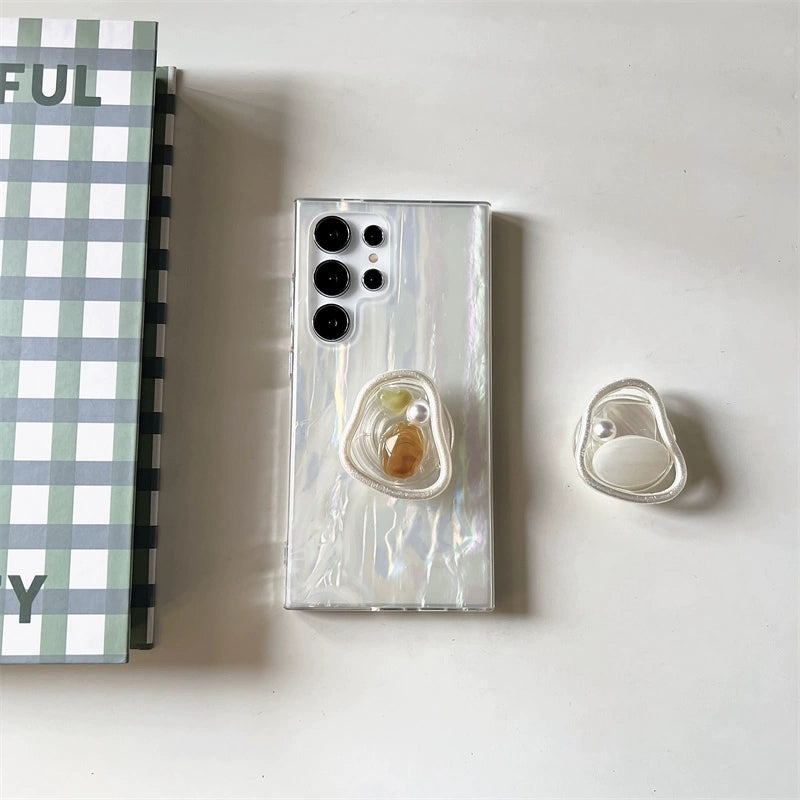 Korea Fashion Cute Style with Phone Stand | Shell with Pearl  - Phone Case Samsung Galaxy S24 S23 S22 Ultra