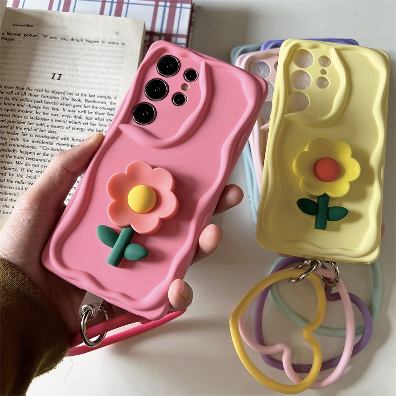 Koren Style Colourful Silicone Case with Heart Handle | Flower BabyPink Yellow Pink Purple BabyBlue - Phone Case Samsung Galaxy S24 S23 S22 Plus Ultra