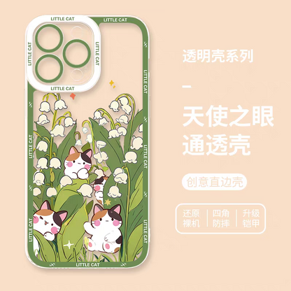 Japan Style Simple Cute Animals Style | Little Cats with Flowers - iPhone Case PLUS SE2 XS XR X 11 12 13 14 15 16 16e 17 17e Pro Promax 12mini 13mini