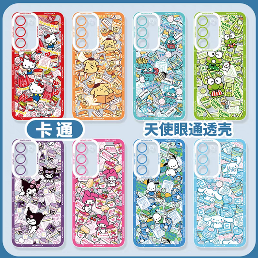 Japanese Cartoon Sanrio Friends with Foods Full Screen | Hello Kitty My Melody Kuromi Cinnamoroll Pompompurin Pochacco Hangyodon Keroppi - Phone Case Samsung Galaxy S26 S25 S24 S23 S22 S21 FE Ultra Edge