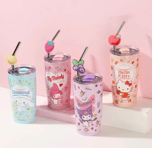 Sanrio My Melody Kuromi Cinnamoroll Hello Kitty with Fruity Insulated Tumbler with Straw Warm Cool Lovely Cup