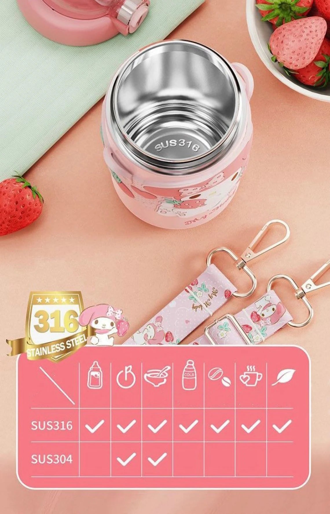 Sanrio Kuromi Bottle Dual Drink Water Cup Tumbler Lid Carry Strap