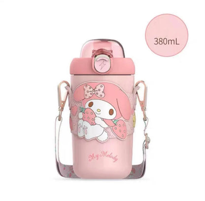Sanrio My Melody Kuromi Cinnamoroll Pompompurin Shoulder Water Bottle Tumbler with Straw and Strap 316 Stainless Steel Lovely Cup