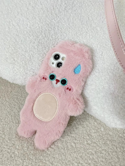 Korea Style Plush Blue Eyes Pink Rabbit Fluffy iPhone Case 11 12 13 14 Pro Promax