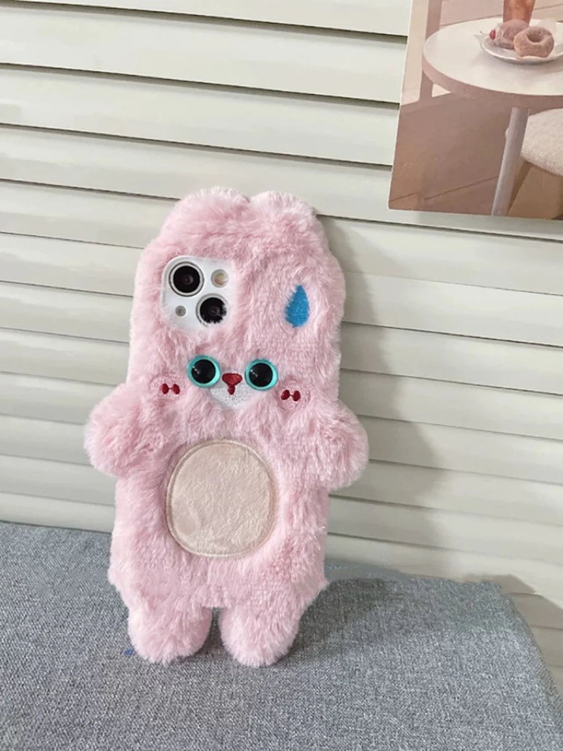 Korea Style Plush Blue Eyes Pink Rabbit Fluffy iPhone Case 11 12 13 14 Pro Promax