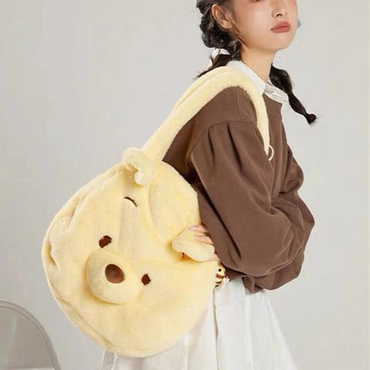 Disney Winnie The Pooh Fluffy Big Head Yellow Shoulder Bag *can put in iPad