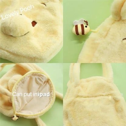 Disney Winnie The Pooh Fluffy Big Head Yellow Shoulder Bag *can put in iPad