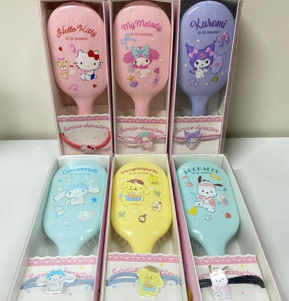 Sanrio Hello Kitty My Melody Kuromi Cinnamoroll Pompompurin Pochacco Paddle Brush Comb with Hair Tie Set