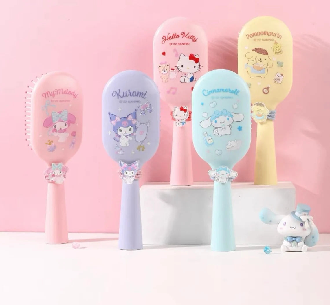 Sanrio Hello Kitty My Melody Kuromi Cinnamoroll Pompompurin Pochacco Paddle Brush Comb with Hair Tie Set