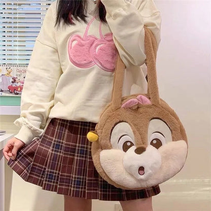 Disney Chip and Dale Fluffy Big Head Brown Shoulder Bag * can put in iPad