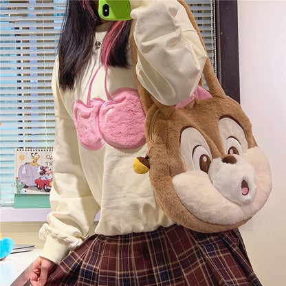 Disney Chip and Dale Fluffy Big Head Brown Shoulder Bag * can put in iPad