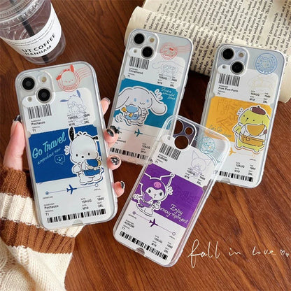 Clean Travel Ticket Japanese Cartoon Kuromi Cinnamoroll Pompompurin Pochacco iPhone Case 6 7 8 XS XR X 11 12 13 14 Pro Promax 12mini 13 mini