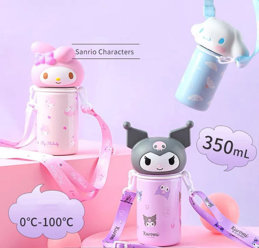 Sanrio Big Soft Head My Melody Kuromi Cinnamoroll 304 Stainless Steel Tumbler Water Bottle Lovely Cup with Strap