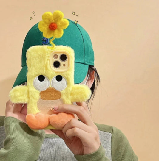 Korea Style Plush Yellow Duck with Flower Fluffy Cute iPhone Case 11 12 13 14 15 Pro Promax