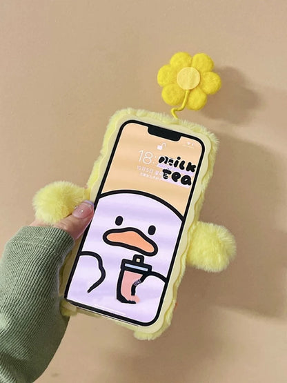 Korea Style Plush Yellow Duck with Flower Fluffy Cute iPhone Case 11 12 13 14 15 Pro Promax