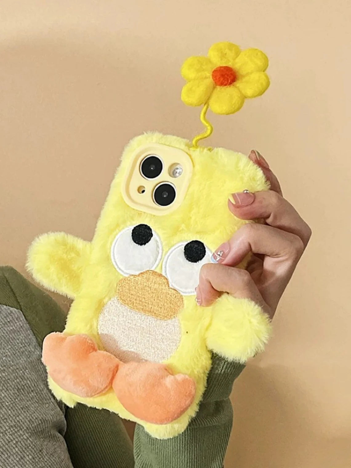 Korea Style Plush Yellow Duck with Flower Fluffy Cute iPhone Case 11 12 13 14 15 Pro Promax