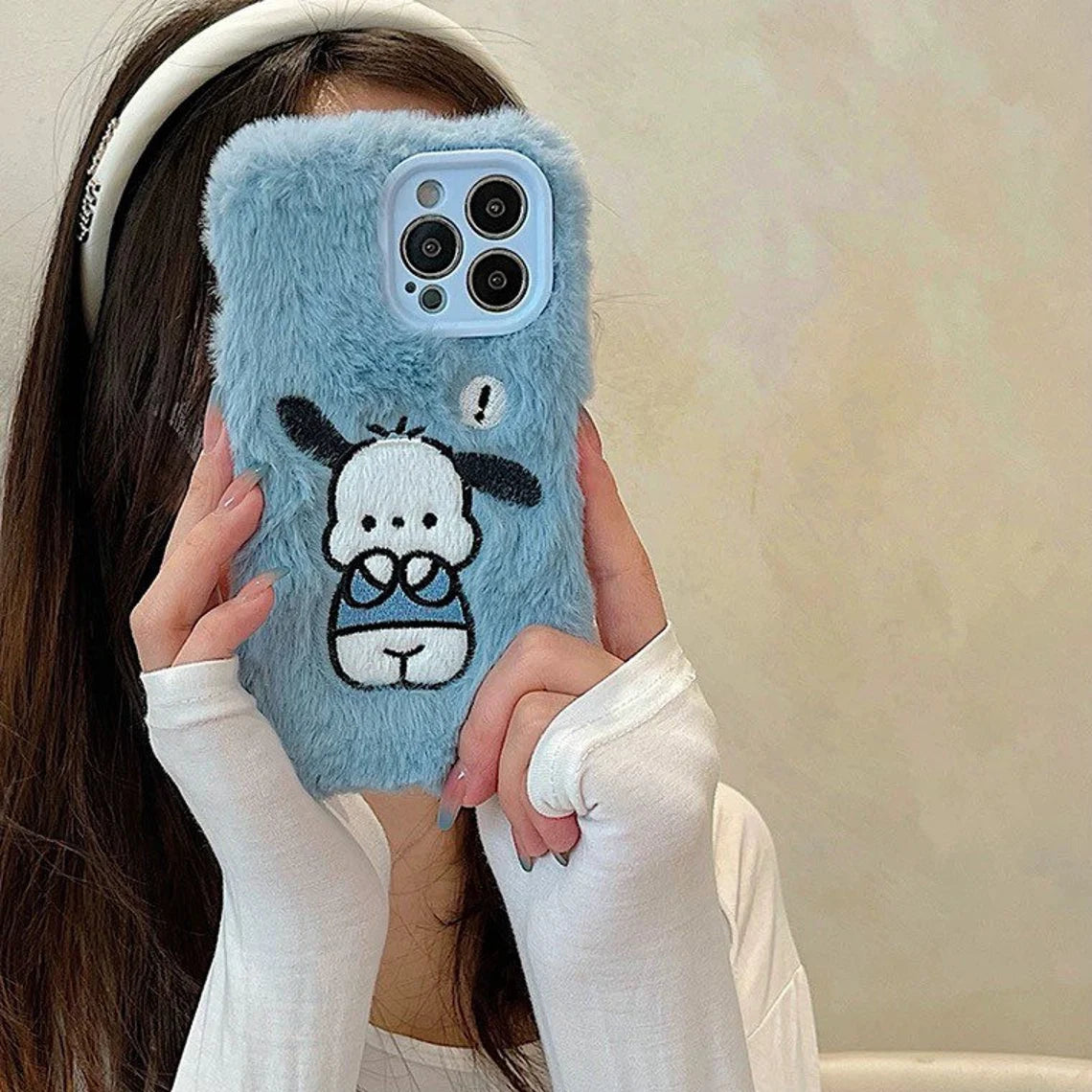 Japanese Cartoon Cute PC Fluffy with Embroidery Blue Green iPhone Case 11 12 13 14 15 Pro Promax