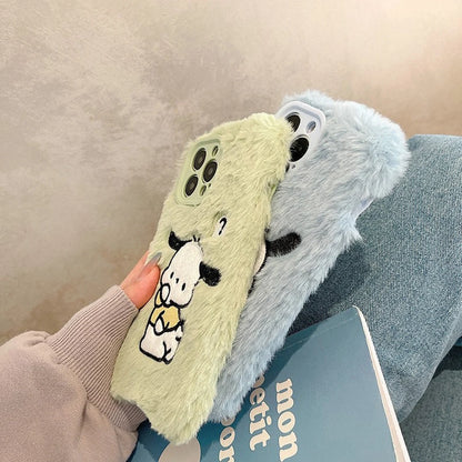 Japanese Cartoon Cute PC Fluffy with Embroidery Blue Green iPhone Case 11 12 13 14 15 Pro Promax