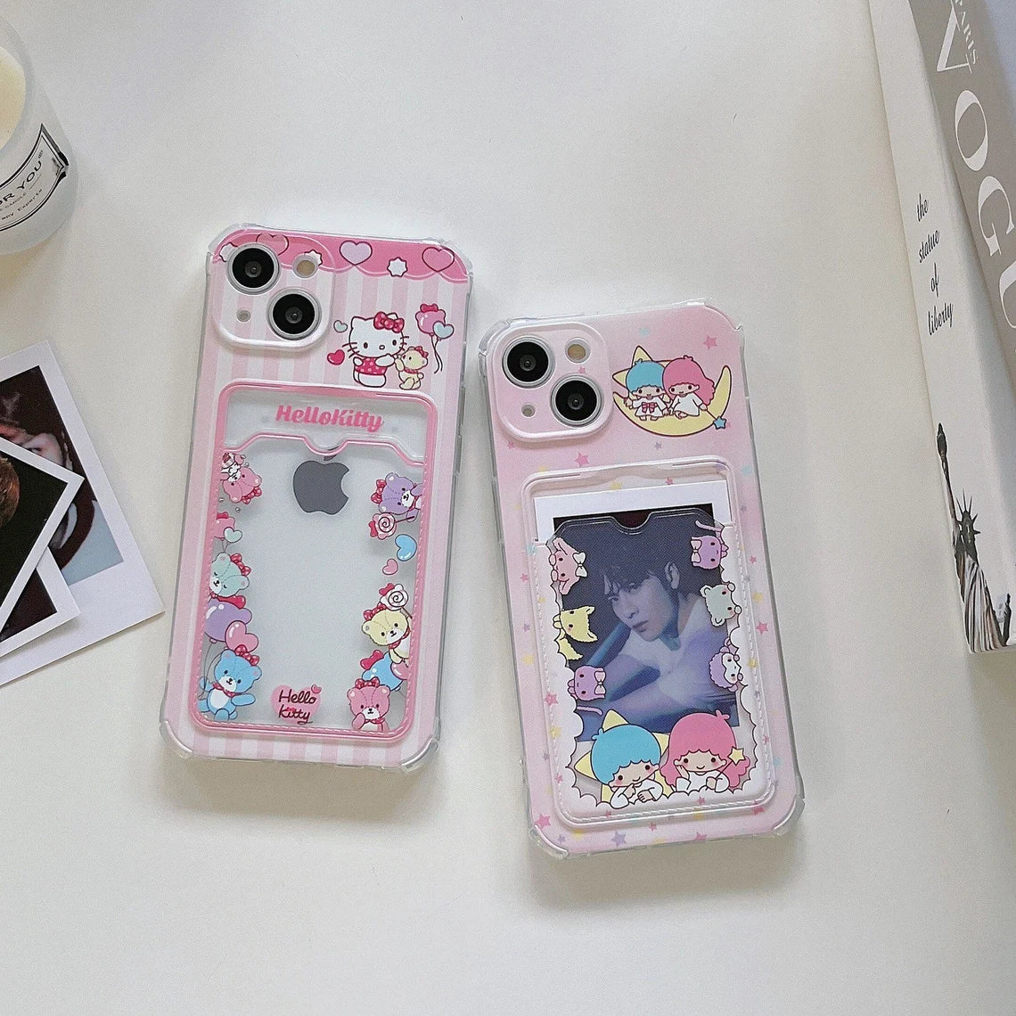 Japanese Cartoon KT with Bears Little Twin Stars with friends Pink Card Photo Holder iPhone Case 7 8 PLUS X 11 12 13 14 15 Pro Promax