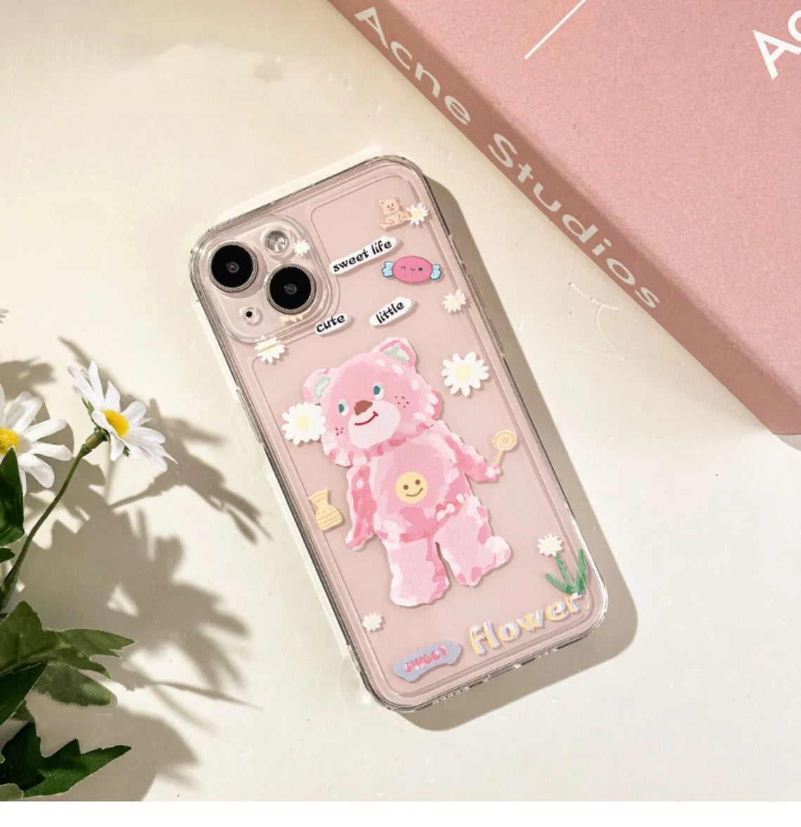 Happy Pink Bear with Flower iPhone Case 6 7 8 PLUS SE2 XS XR X 11 12 13 14 15 Pro Promax