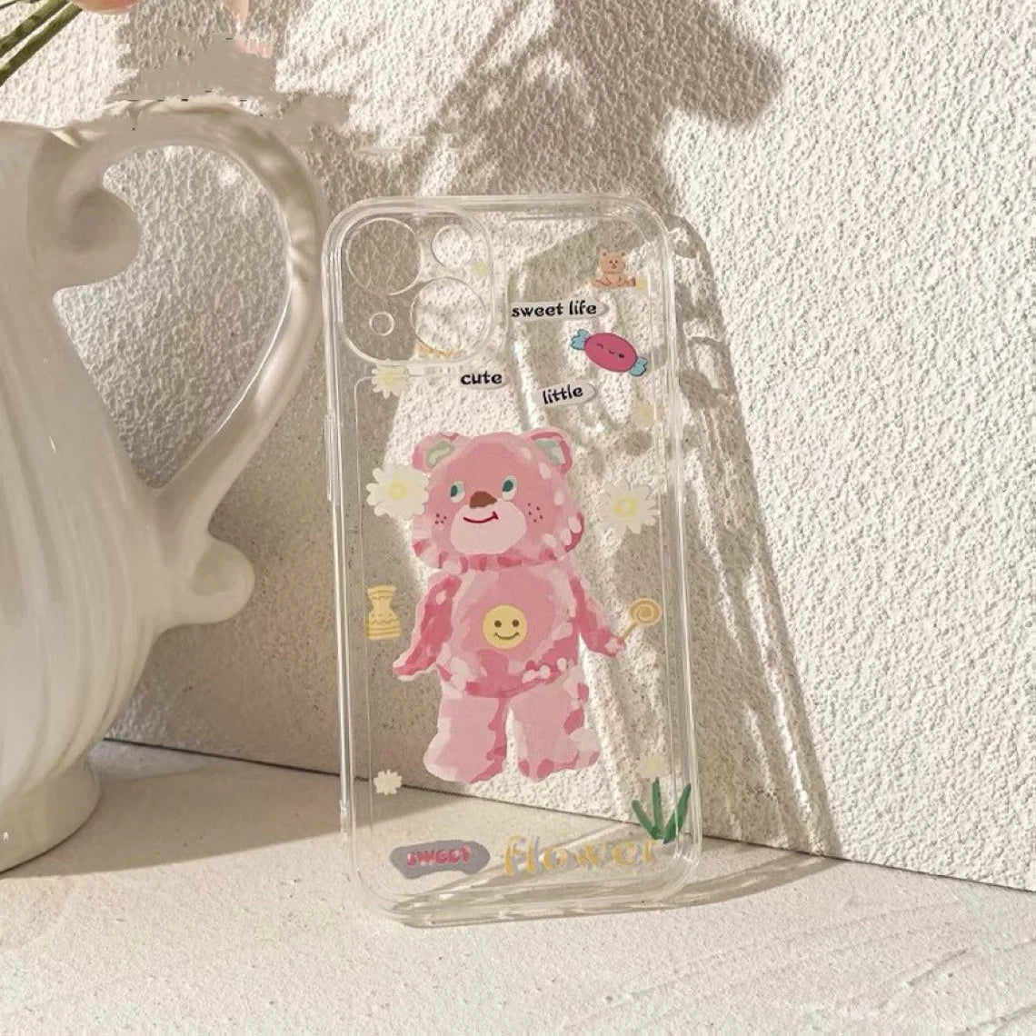 Happy Pink Bear with Flower iPhone Case 6 7 8 PLUS SE2 XS XR X 11 12 13 14 15 Pro Promax