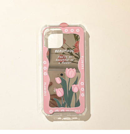 Pink Tulip with Mirror iPhone Case XS XR X 11 12 13 14 15 Pro Promax 12mini 13mini