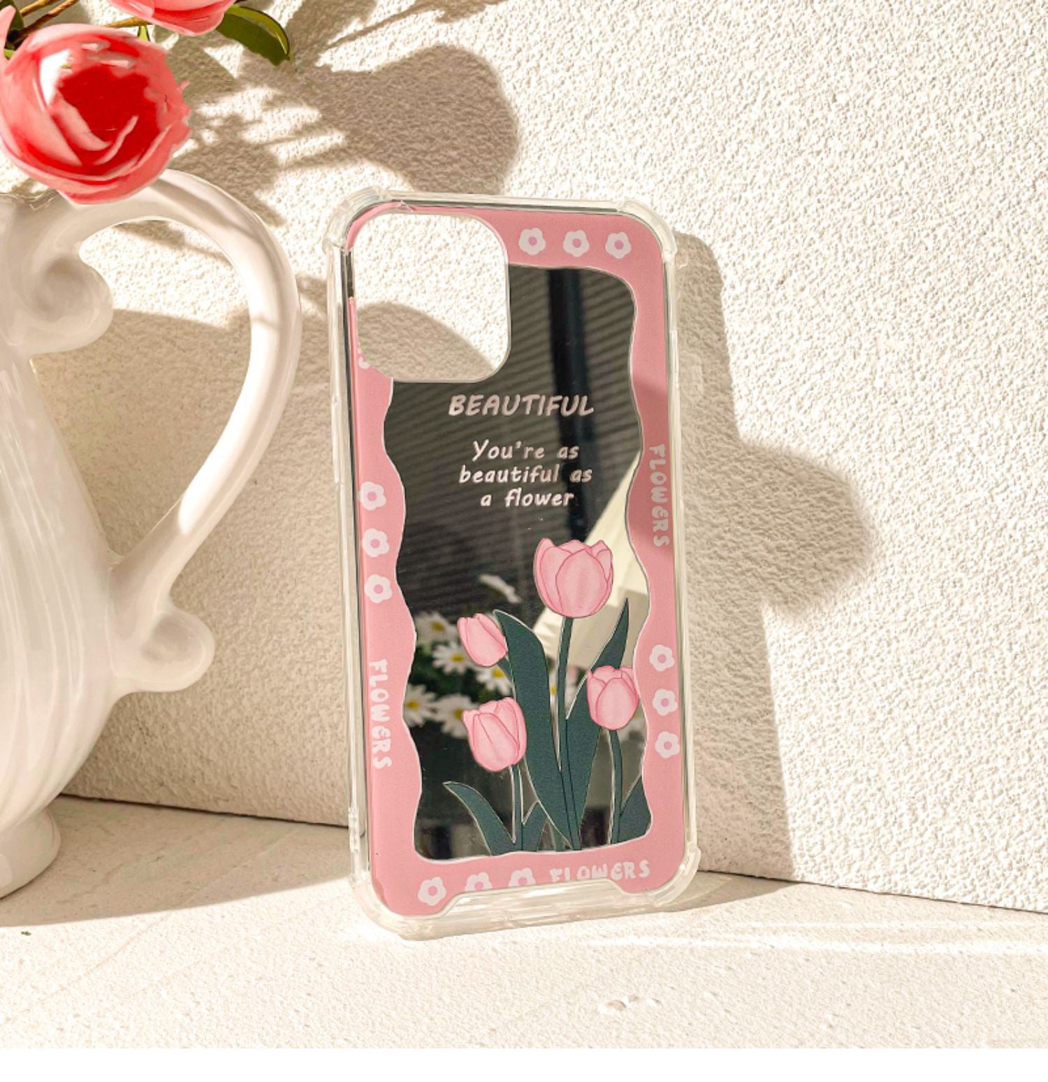 Pink Tulip with Mirror iPhone Case XS XR X 11 12 13 14 15 Pro Promax 12mini 13mini
