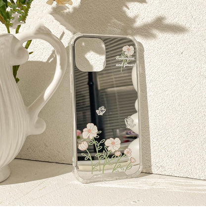 Little White Flower with Butterfly Mirror iPhone Case XS XR X 11 12 13 14 15 Pro Promax 12mini 13mini