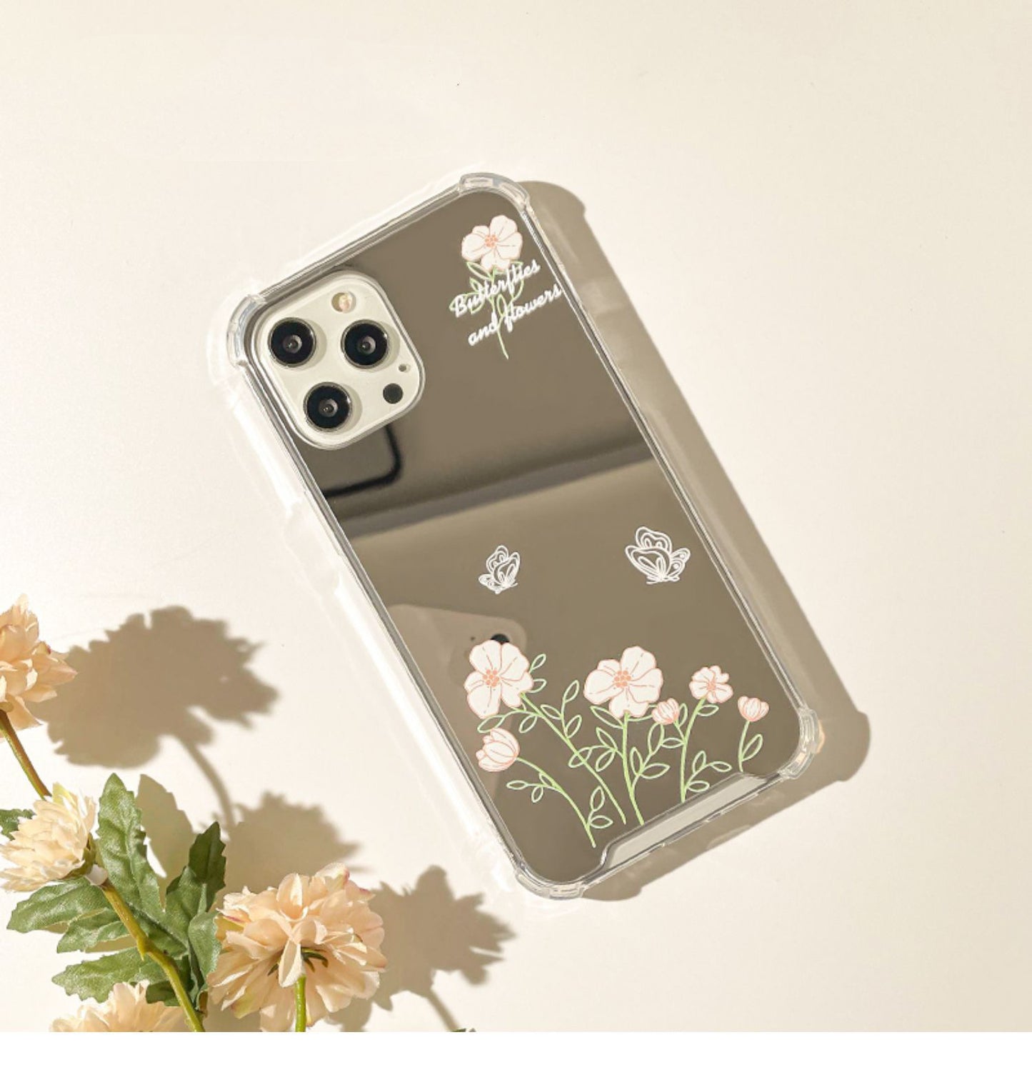 Little White Flower with Butterfly Mirror iPhone Case XS XR X 11 12 13 14 15 Pro Promax 12mini 13mini
