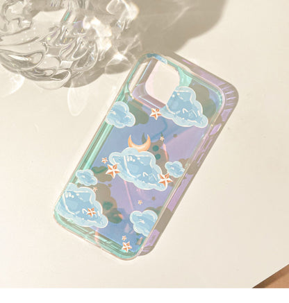 Blue Clouds with Moon & Stars Laser iPhone Case 11 12 13 14 15 Pro Promax