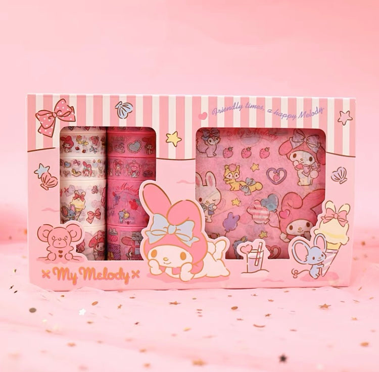 Sanrio My Melody Kuromi Cinnamoroll Pompompurin Stickers and Tapes Gift Set for Diary NoteBook