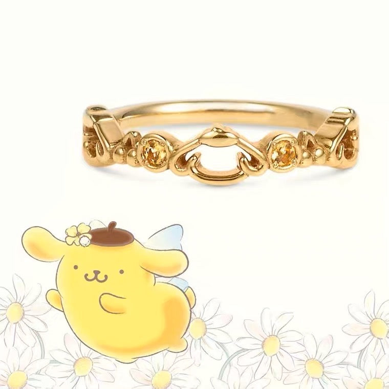 Sanrio Pompompurin with Yellow Stone 925 Sterling Golden Ring with Ring Box