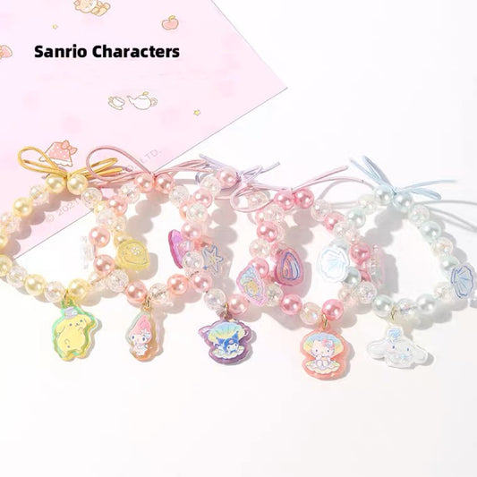 Sanrio Hello Kitty My Melody Kuromi Cinnamoroll Pompompurin Oceam Pearl Hair Tie & Bracelet with Leather Ribbon
