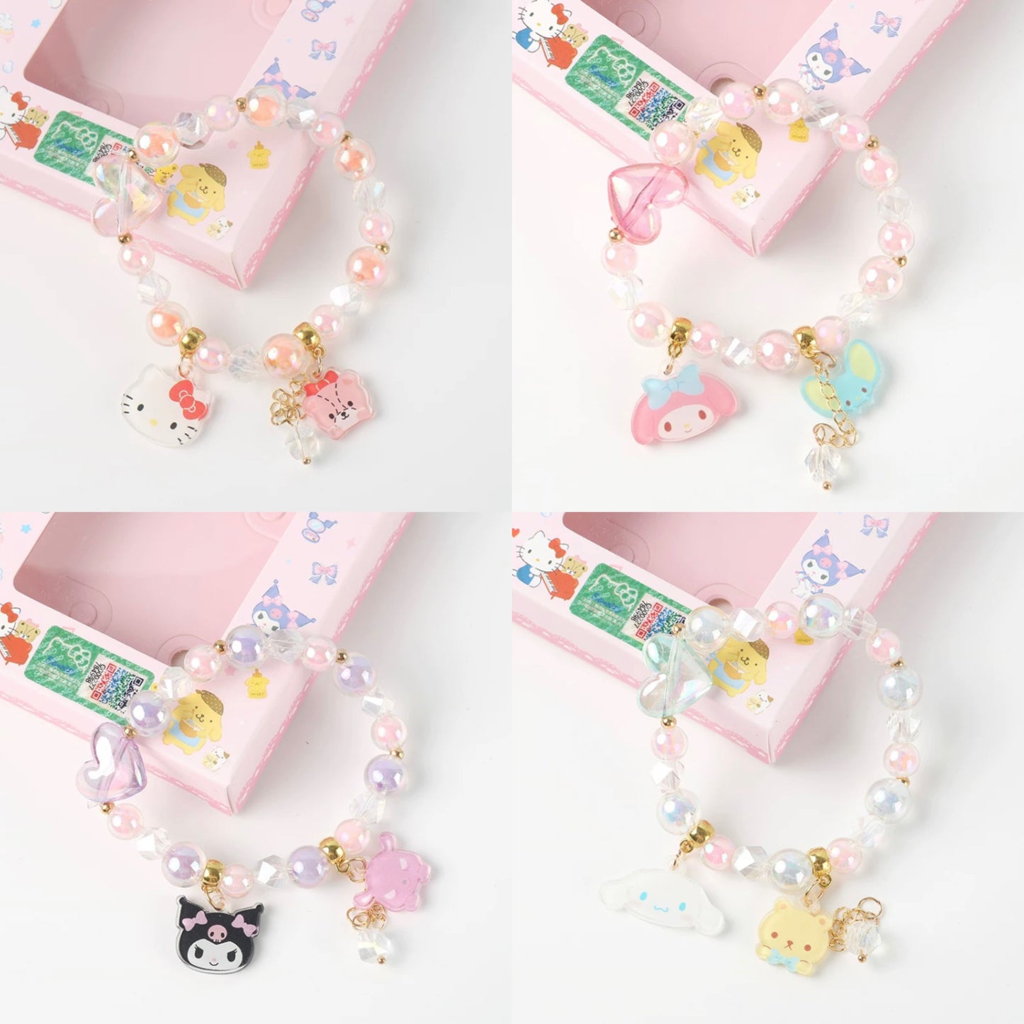 Sanrio Hello Kitty My Melody Kuromi Cinnamoroll Acrylic & Pearl Heart Bracelet