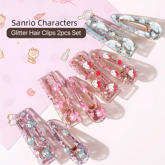 Sanrio Hello Kitty My Melody Kuromi Cinnamoroll Glitter Hair Clips 2 pcs Set