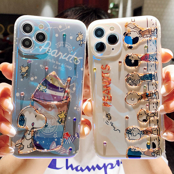 Cartoon Design Cute White Dog and Friends Charlie Sally Linus Blu Ray Line Up & Ice Cream Bling Bling iPhone Case 15 14 13 12 11 XS XR Max Plus mini