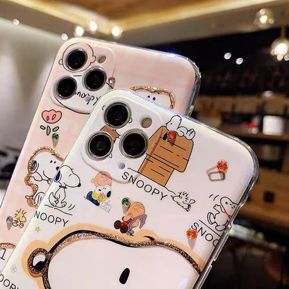 Cartoon Design Cute White Dog and Friends Charlie Sally Linus Blu Ray White & Pink Bling Bling iPhone Case 15 14 13 12 11 XS XR Max Plus mini
