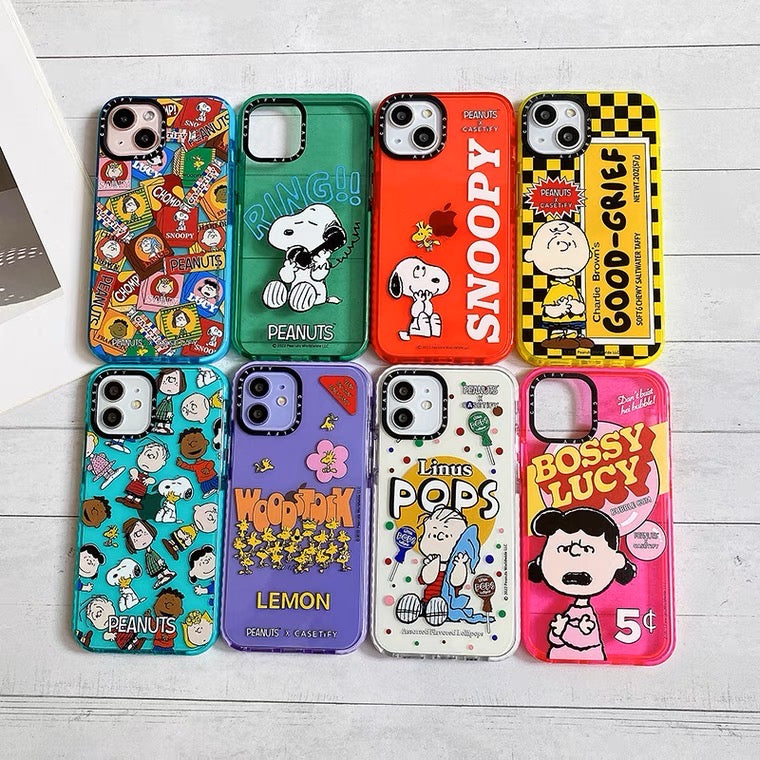 Cartoon Design Cute White Dog and Friends Charlie Sally Linus Colourful 4 Colour iPhone Case 6 7 8 PLUS SE XS XR X 11 12 13 14 15 Pro Promax