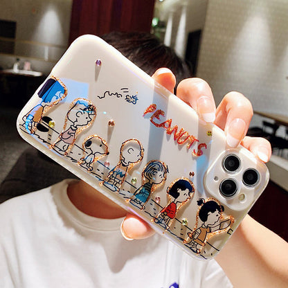 Cartoon Design Cute White Dog and Friends Charlie Sally Linus Blu Ray Line Up & Ice Cream Bling Bling iPhone Case 15 14 13 12 11 XS XR Max Plus mini