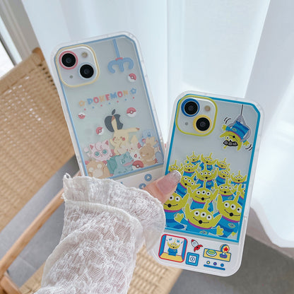 Japanese Cartoon Pastel Pokemon & Green Alien Clip Doll Machine iPhone Case with Stand 15 14 13 12 11 XS XR Pro Max Plus