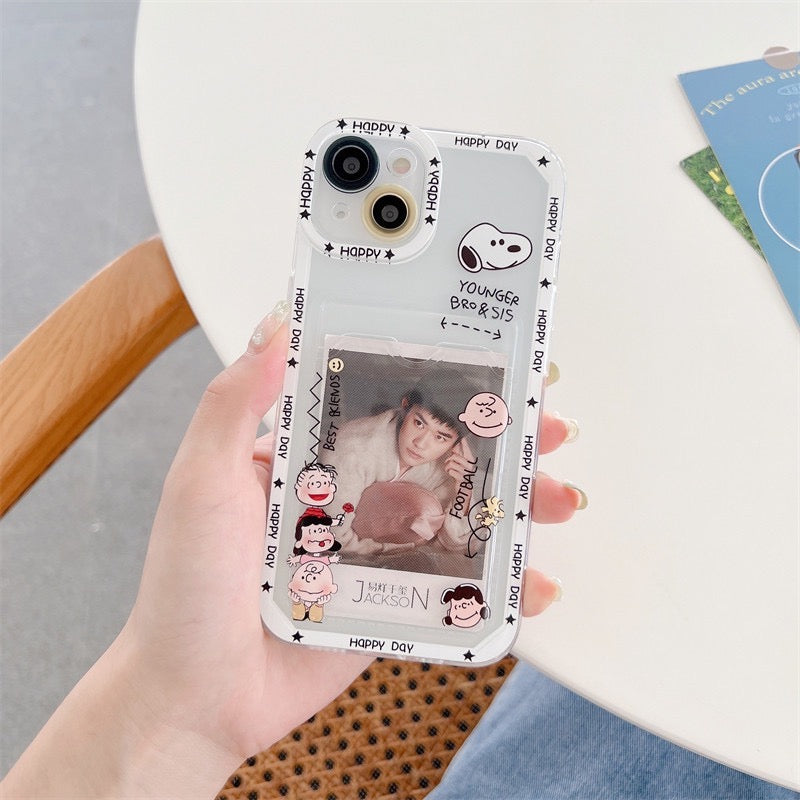 Cartoon Design Cute White Dog and Friends Charlie Sally Linus Blue & White with Friends Card Photo Holder iPhone Case 7 8 PLUS X 11 12 13 14 15 Pro Promax