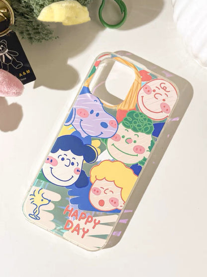 Cartoon Design Cute White Dog and Friends Charlie Sally Linus Drawing Style Laser iPhone Case 11 12 13 14 15 Pro Promax mini
