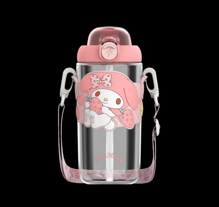 Sanrio My Melody Kuromi Cinnamoroll Pompompurin Shoulder Tritan Water Bottle Tumbler with Straw and Strap Lovely Bottle