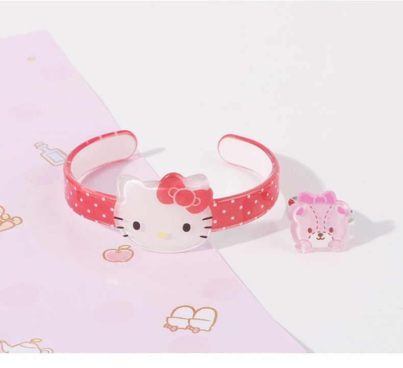 Sanrio Hello Kitty My Melody Kuromi Cinnamoroll Acrylic Sterling Bracelet & Ring Set
