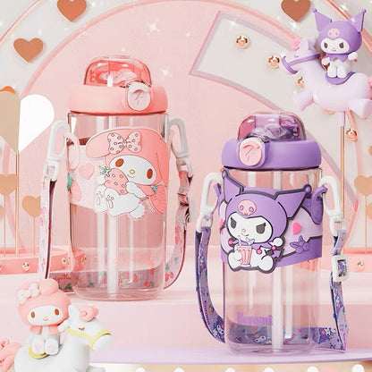 Sanrio My Melody Kuromi Cinnamoroll Pompompurin Shoulder Tritan Water Bottle Tumbler with Straw and Strap Lovely Bottle