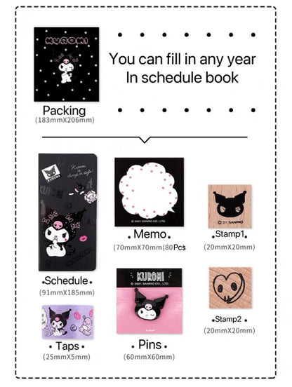Sanrio Kuromi Schedule Planning Set Dairy with Pins Tapes Stamps Memo