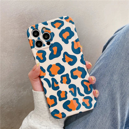 Korea Style Leopard Orange Blue iPhone Case 11 12 13 14 Pro Promax