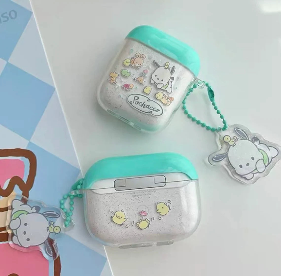 Japanese Cartoon PC with friends AirPods AirPodsPro AirPods3 AirPodsPro2 Case White and Mint Green