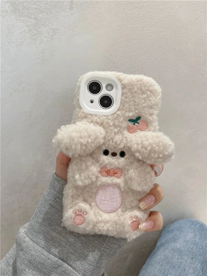 Korea Style Plush Poodle with Cherry Fluffy iPhone Case iPhone 11 12 13 14 Pro Promax